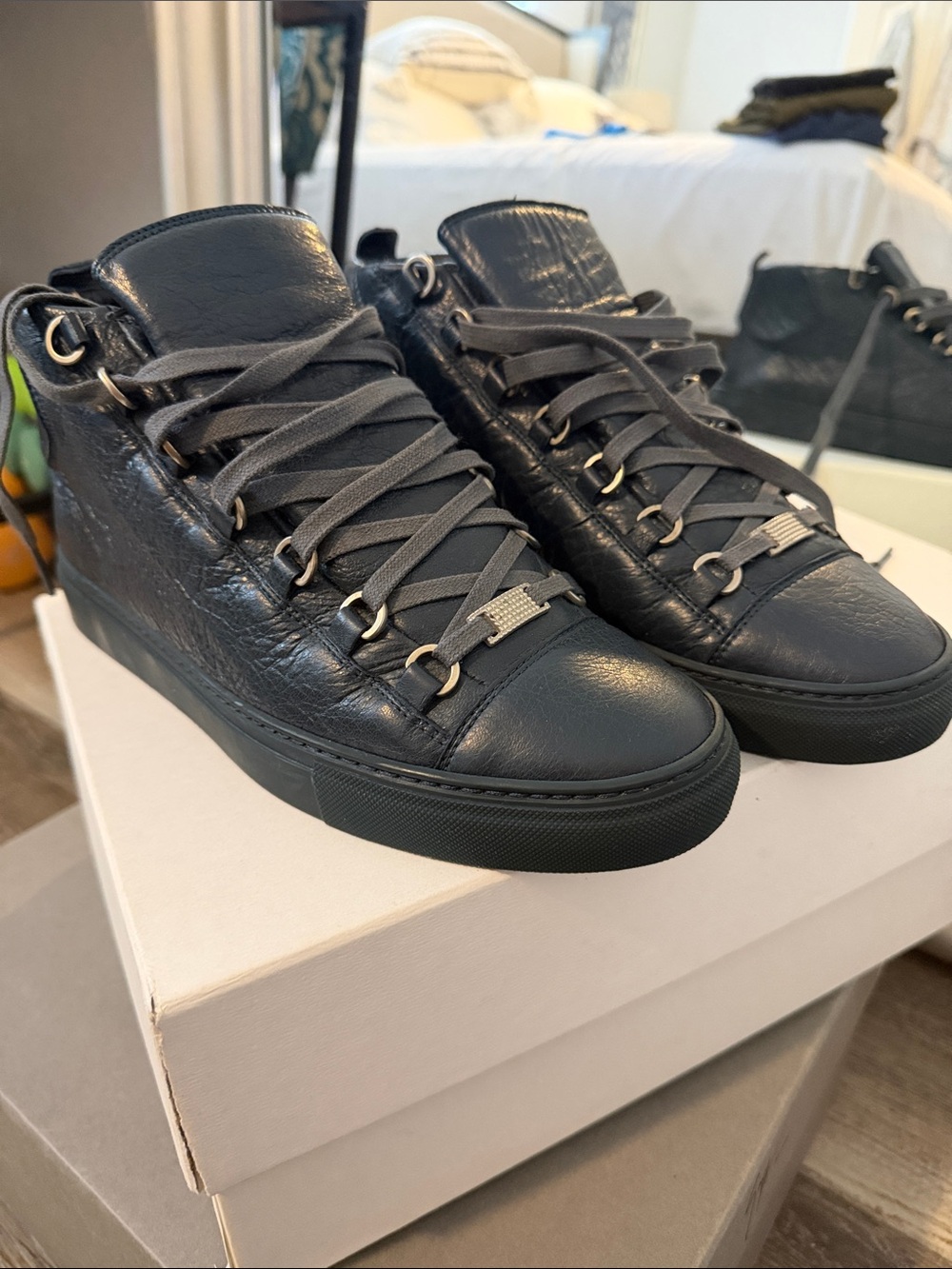 Men's Blue Balenciaga Leather High-Top Arena Sneakers